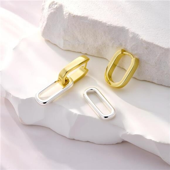 Two-Tone Chain Link Earrings | Sterling Silver & 14K Gold Plated Paperclip - Picture 3 of 4